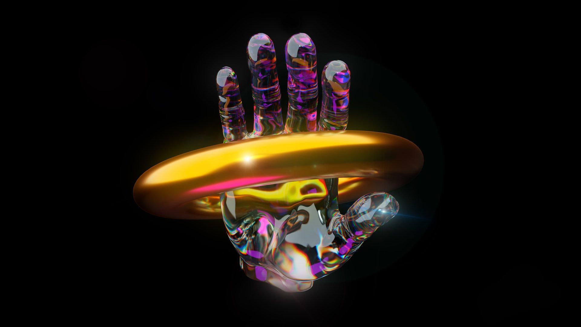 Uma mão em 3D feita de vidro.