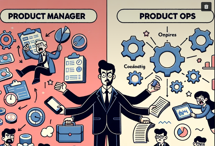 Ilustração dividida: o 'Gerente de Produto' à esquerda À direita, 'Product Ops' é retratado como uma máquina bem lubrificada
